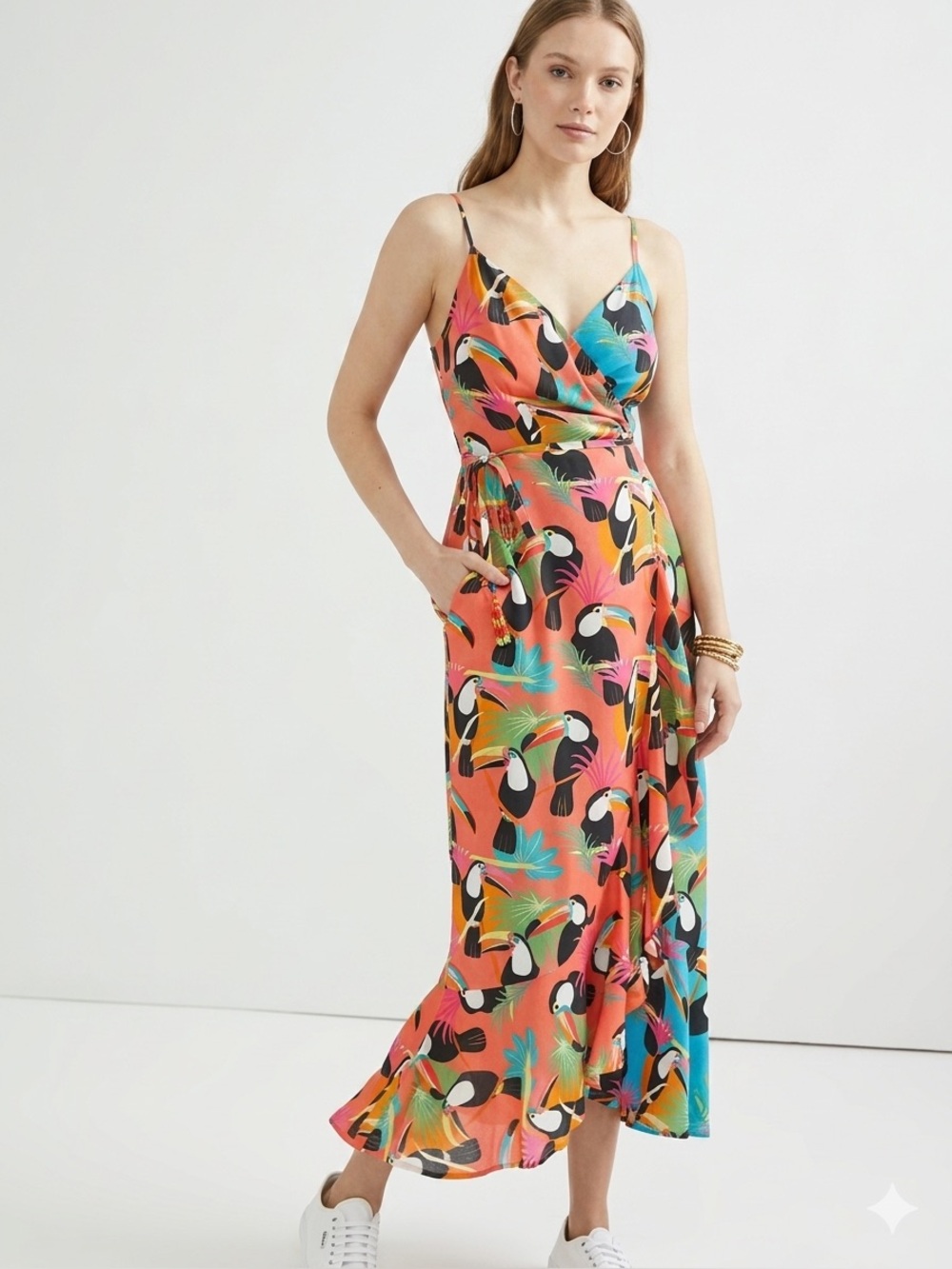 FARM Rio for Anthropologie Toucan Tropical Animal Print Wrap Maxi Dress XS